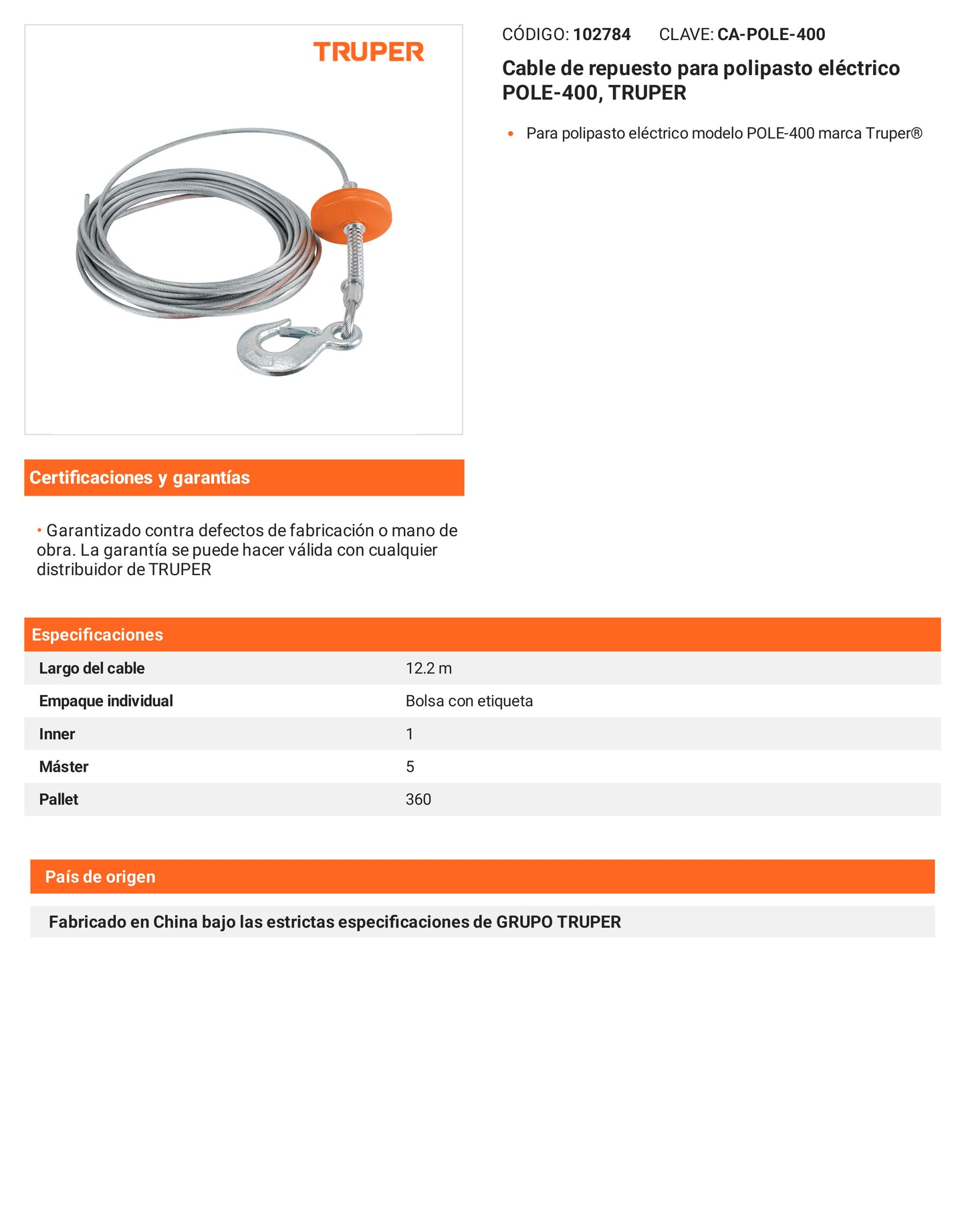 Ficha tecnica - Cable para polipasto electrico POLE-400 - SKU 102784