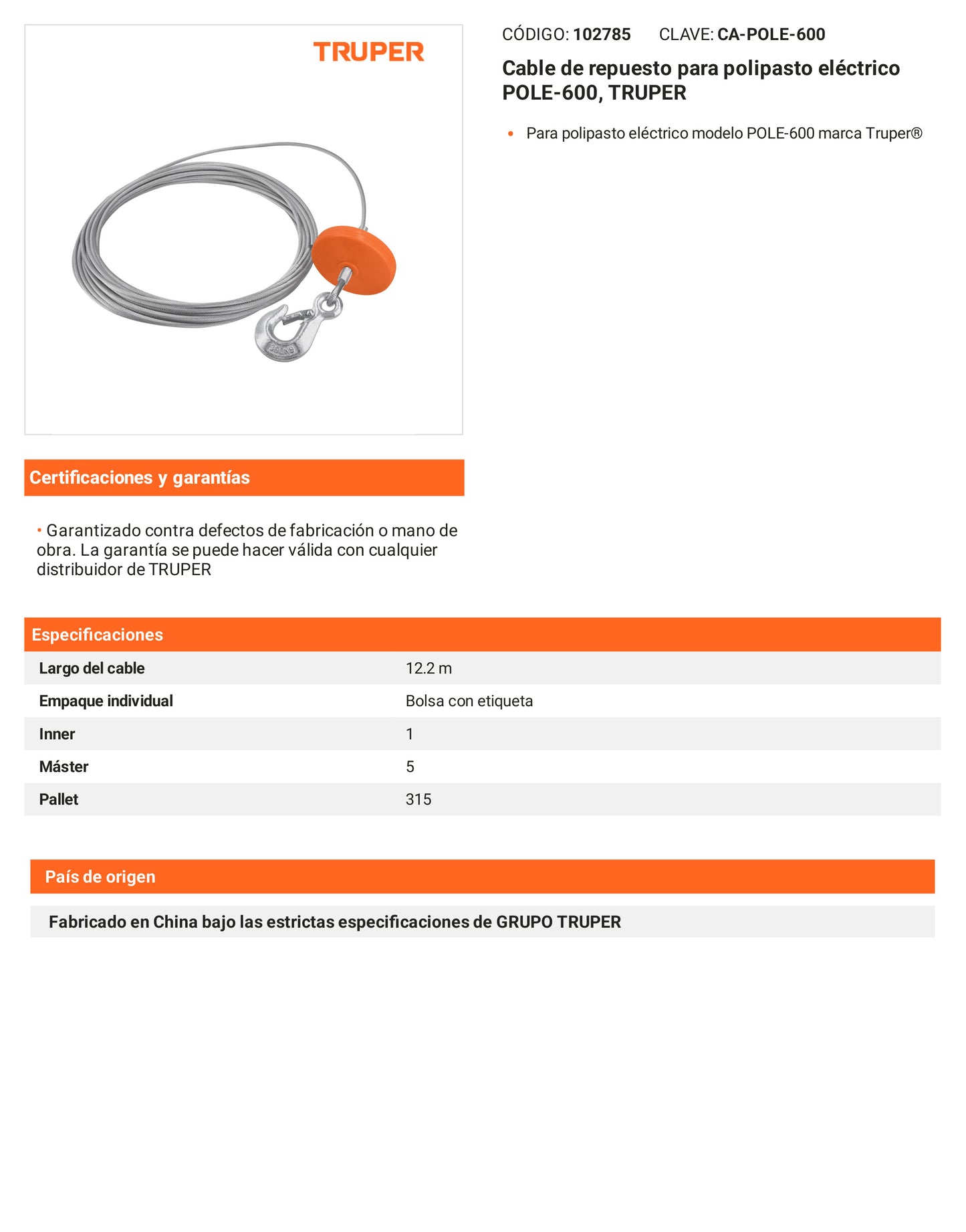 Ficha tecnica - Cable para polipasto electrico POLE-600 - SKU 102785