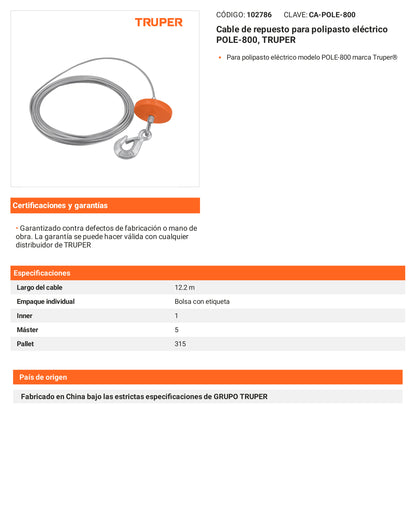 Ficha tecnica - Cable para polipasto electrico POLE-800 - SKU 102786