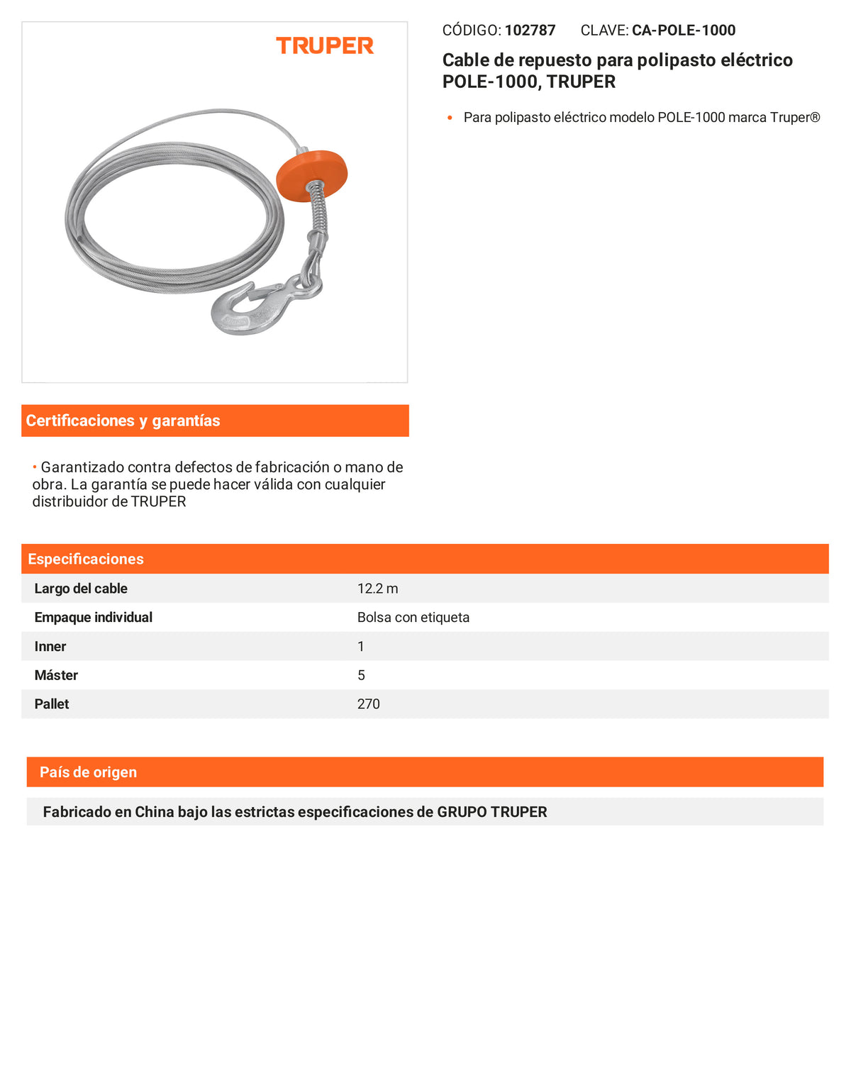 Ficha tecnica - Cable para polipasto electrico POLE-1000 - SKU 102787