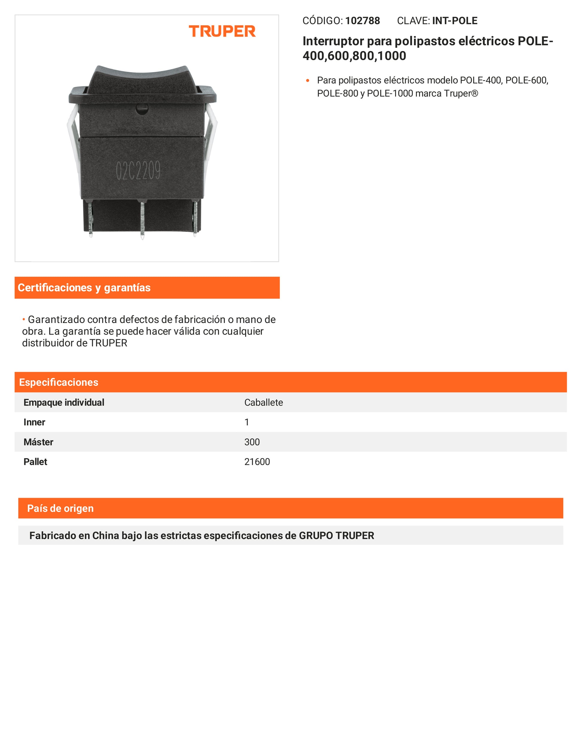 Ficha tecnica - Interruptor para polipastos electricos - SKU 102788