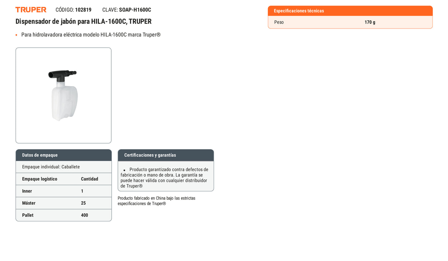 Ficha tecnica - Dispensador de jabon para HILA-1600C - SKU 102819