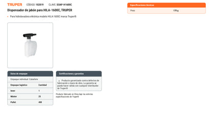 Ficha tecnica - Dispensador de jabon para HILA-1600C - SKU 102819