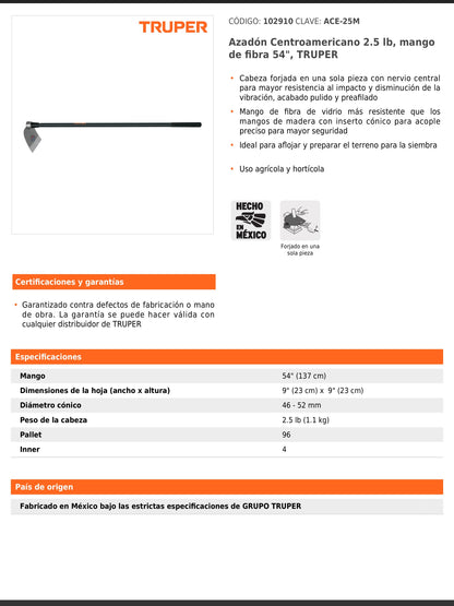 Azadón Centroamericano de 2.5 lb con mango de fibra de 137 cm