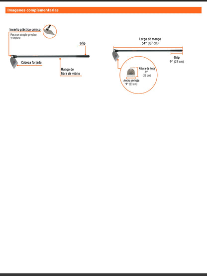 Azadón Centroamericano de 2.5 lb con mango de fibra de 137 cm