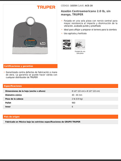 Azadón Centroamericano de 2.0 lb sin mango