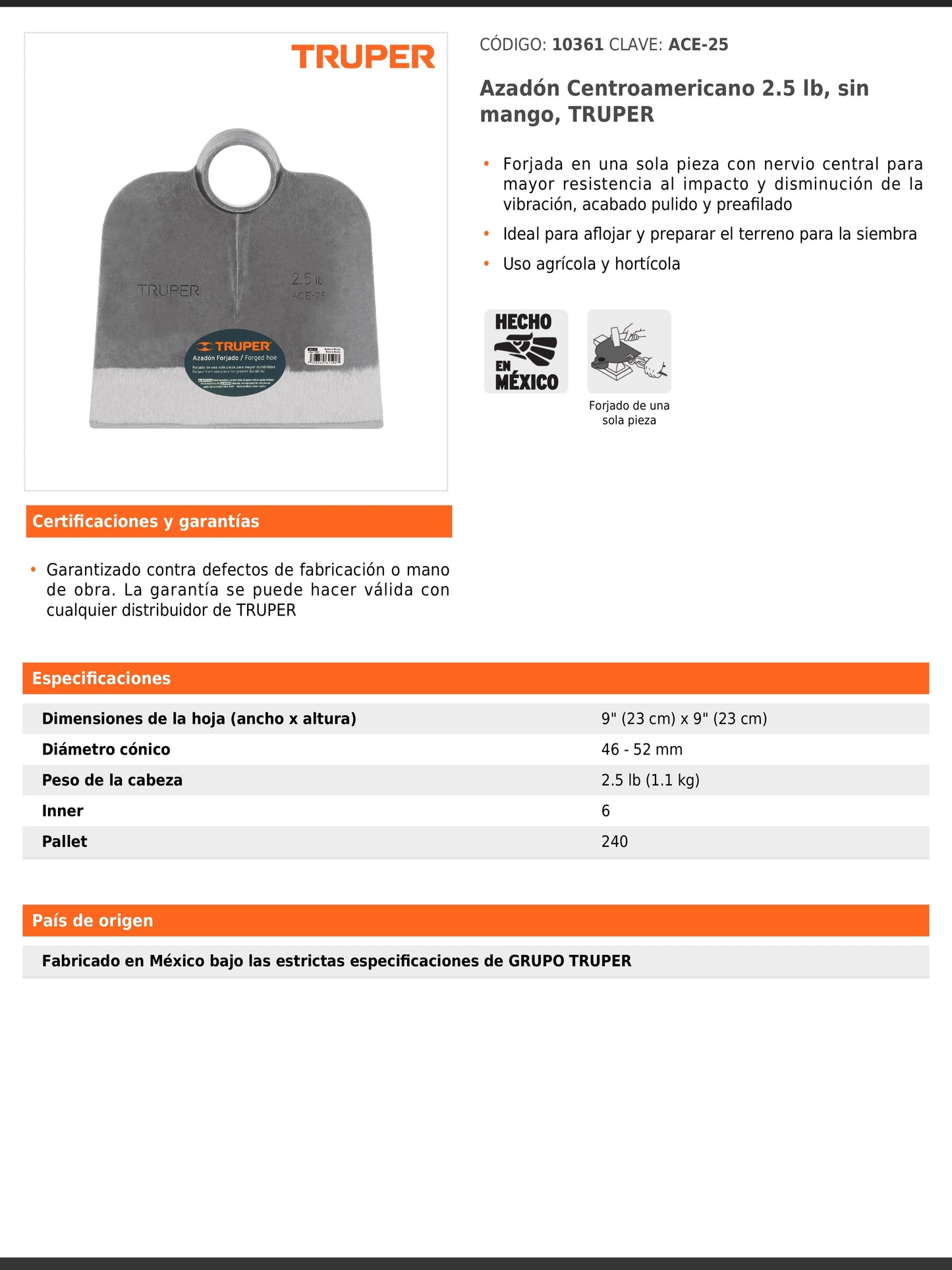 Azadón Centroamericano de 2.5 lb sin mango