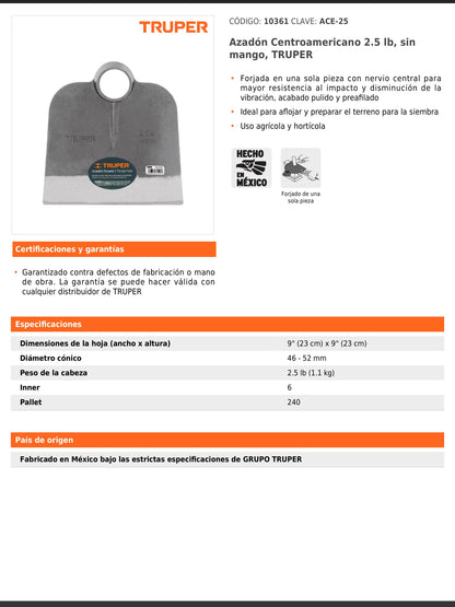 Azadón Centroamericano de 2.5 lb sin mango