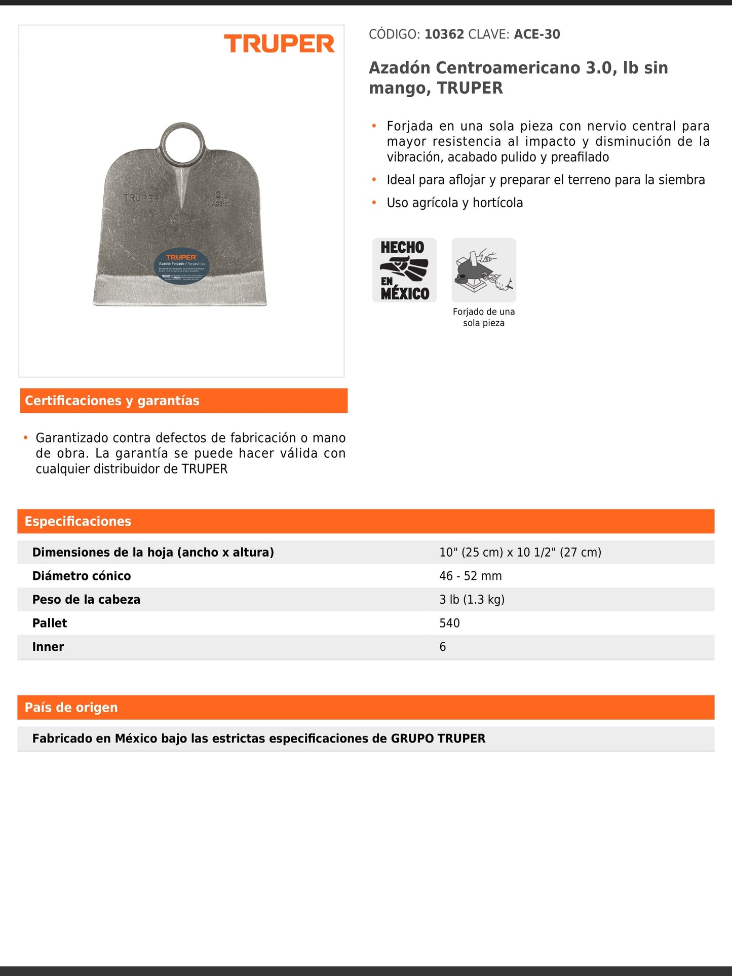 Azadón Centroamericano de 3.0 lb sin mango