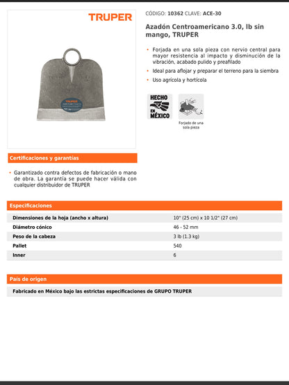 Azadón Centroamericano de 3.0 lb sin mango