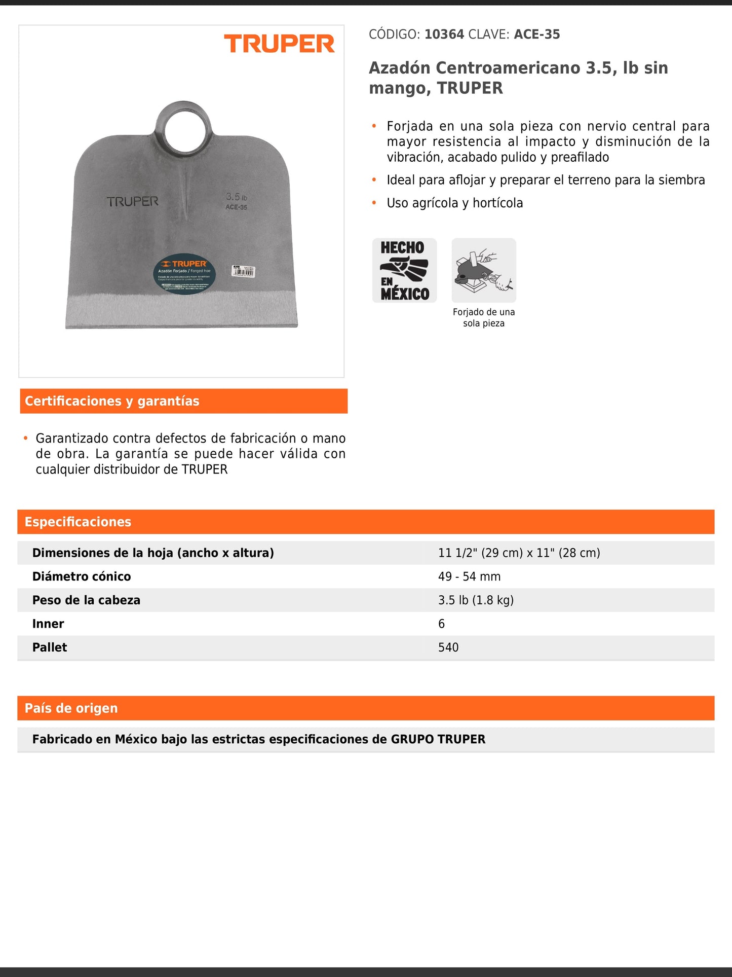 Azadón Centroamericano de 3.5 lb sin mango