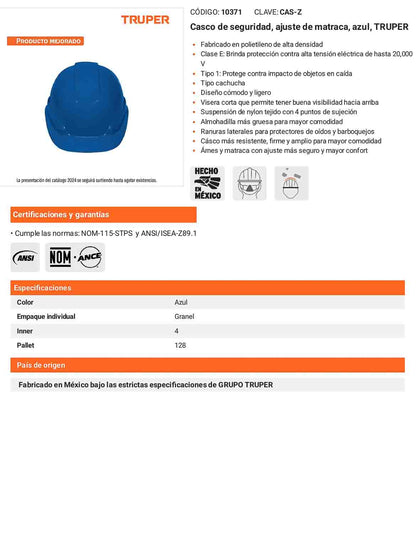 Casco de Seguridad Industrial con Ajuste de Matraca  Azul