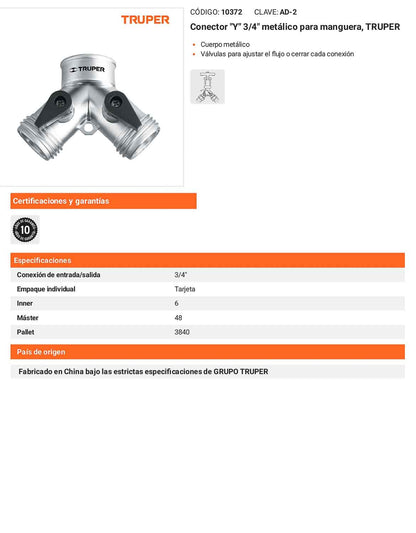 Conector pulg.Ypulg. 3/4pulg. metálico para manguera
