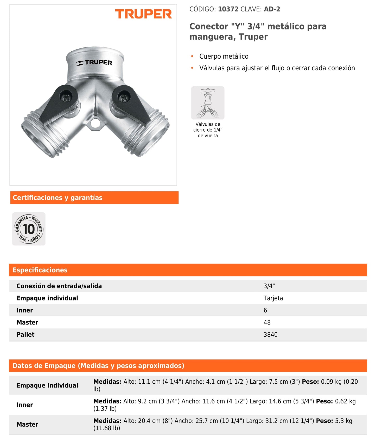 Conector en “Y” metálico de 3/4" para manguera