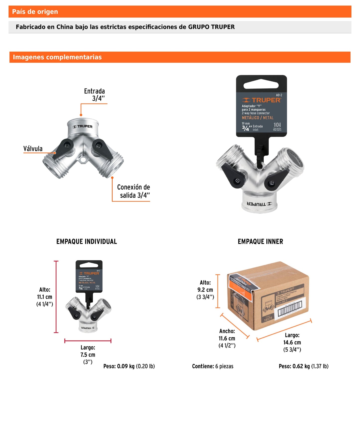 Conector en “Y” metálico de 3/4" para manguera