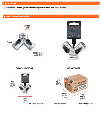Conector en “Y” metálico de 3/4" para manguera
