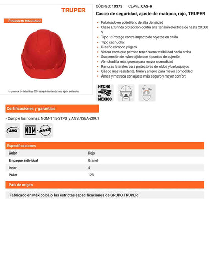 Casco de Seguridad Industrial con Ajuste de Matraca Rojo
