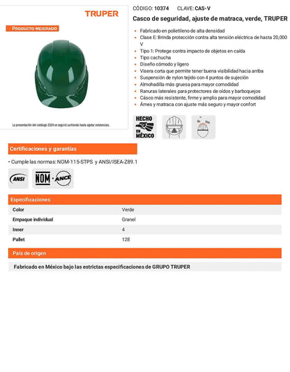 Casco de Seguridad Industrial con Ajuste de Matraca  Verde