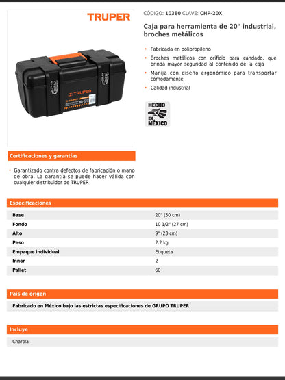 Caja para herramienta de 20 in industrial con broches metálicos