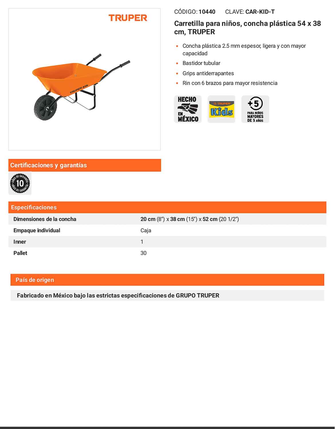 Carretilla para niños concha plástica