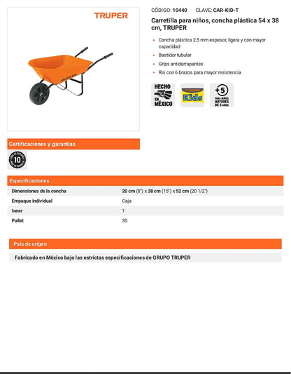 Carretilla para niños concha plástica