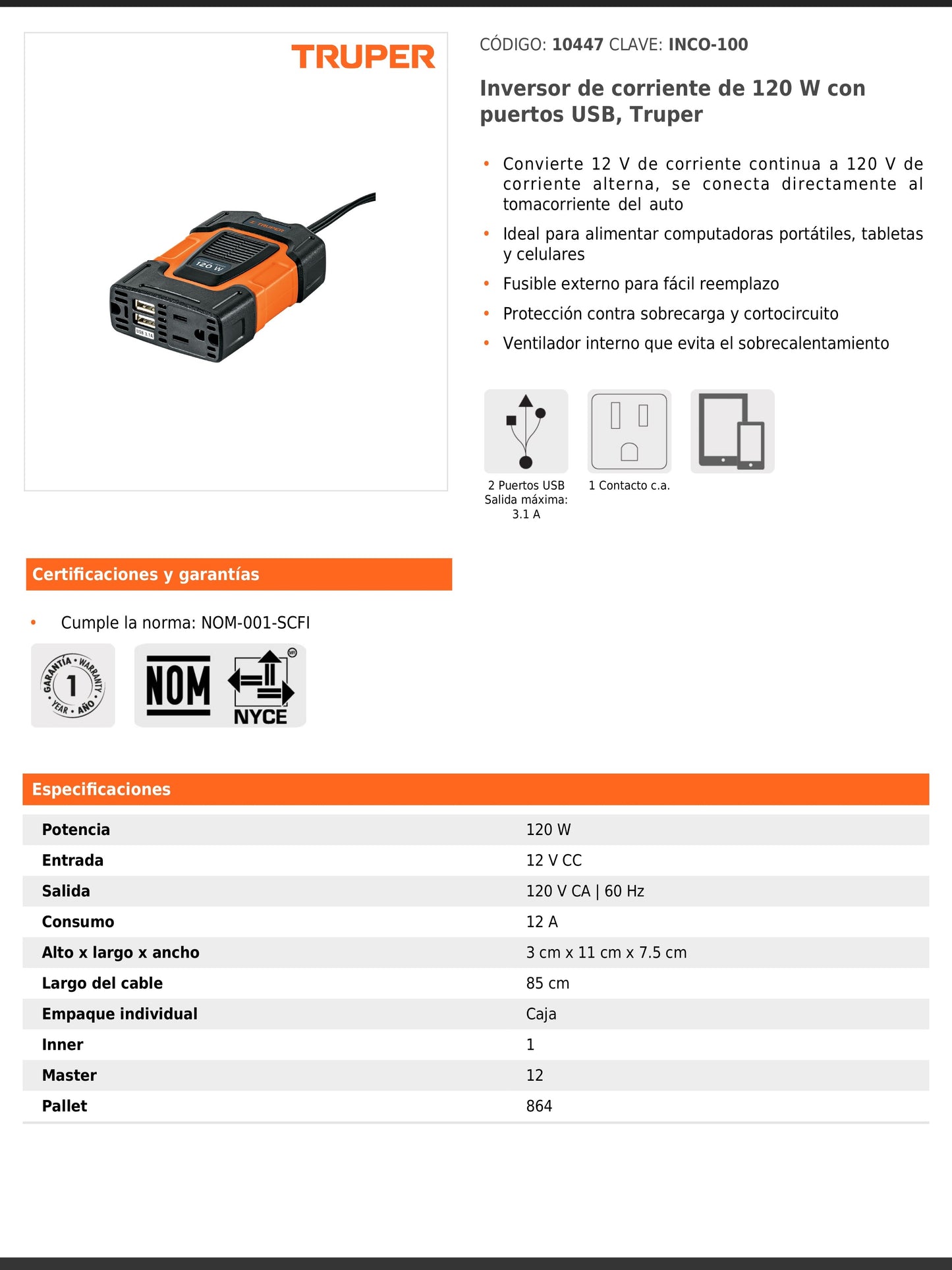 Inversor de corriente de 120 W con puertos USB