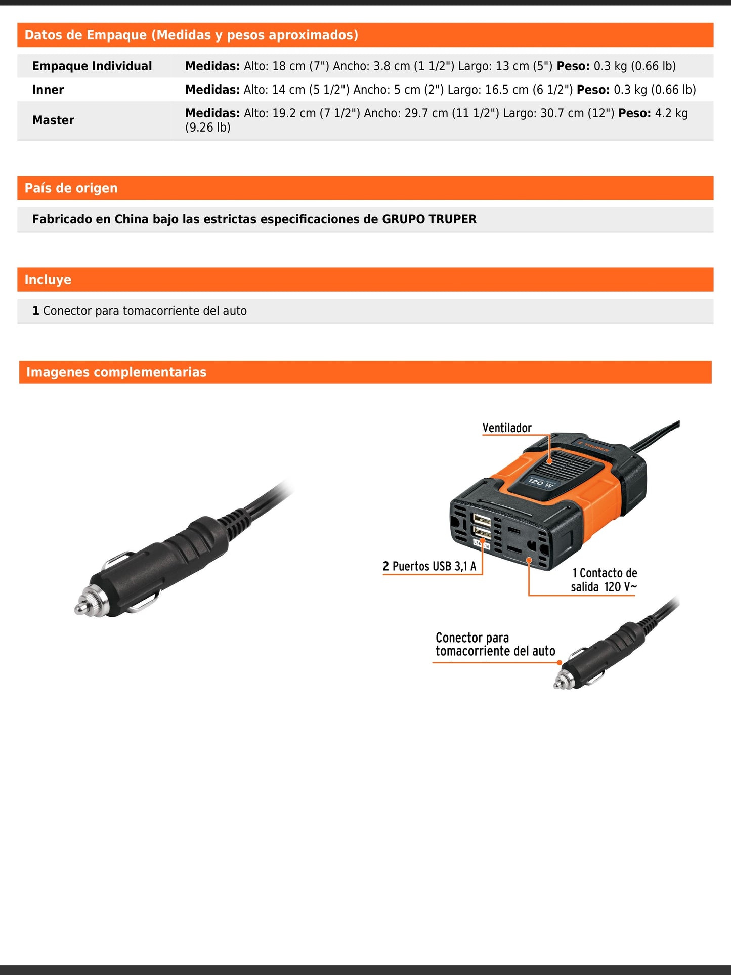 Inversor de corriente de 120 W con puertos USB