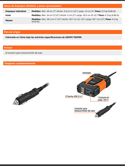 Inversor de corriente de 120 W con puertos USB