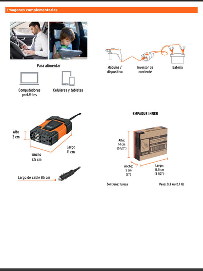 Inversor de corriente de 120 W con puertos USB
