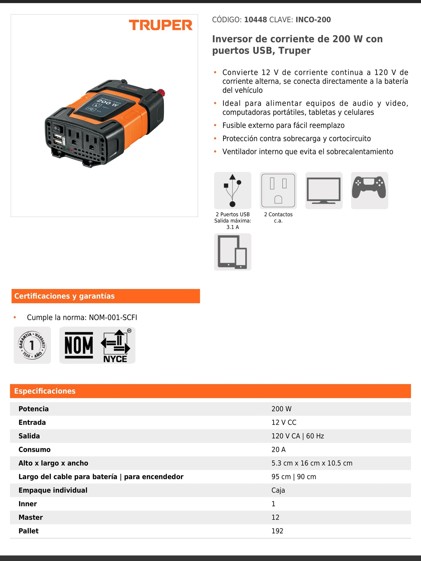Inversor de corriente de 200 W con puertos USB