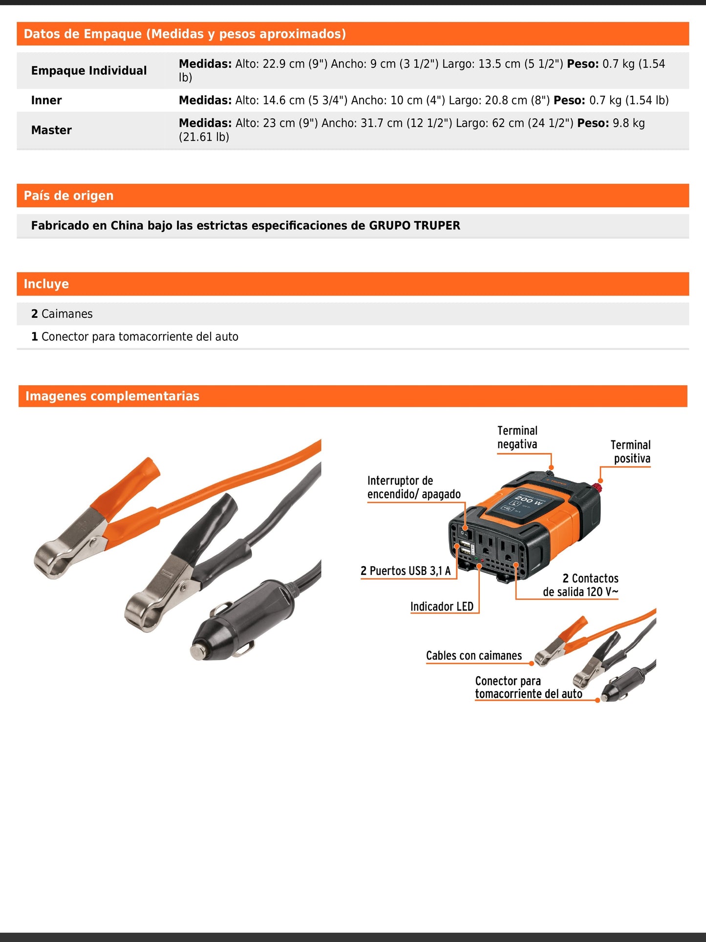 Inversor de corriente de 200 W con puertos USB