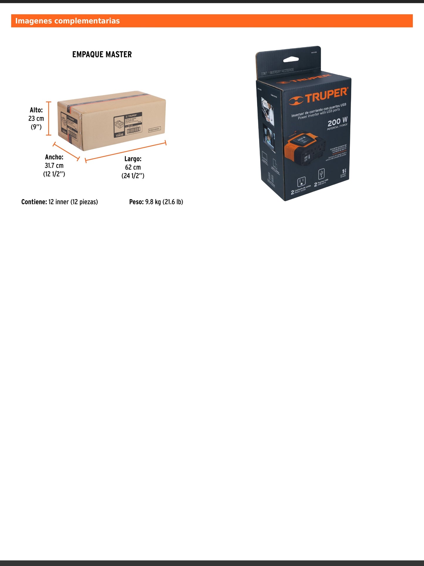 Inversor de corriente de 200 W con puertos USB