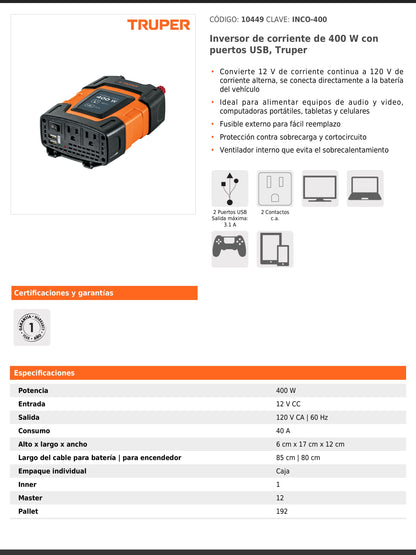 Inversor de corriente de 400 W con puertos USB
