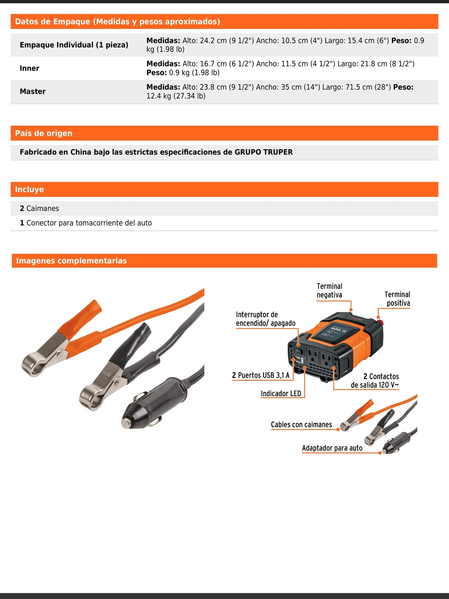Inversor de corriente de 400 W con puertos USB