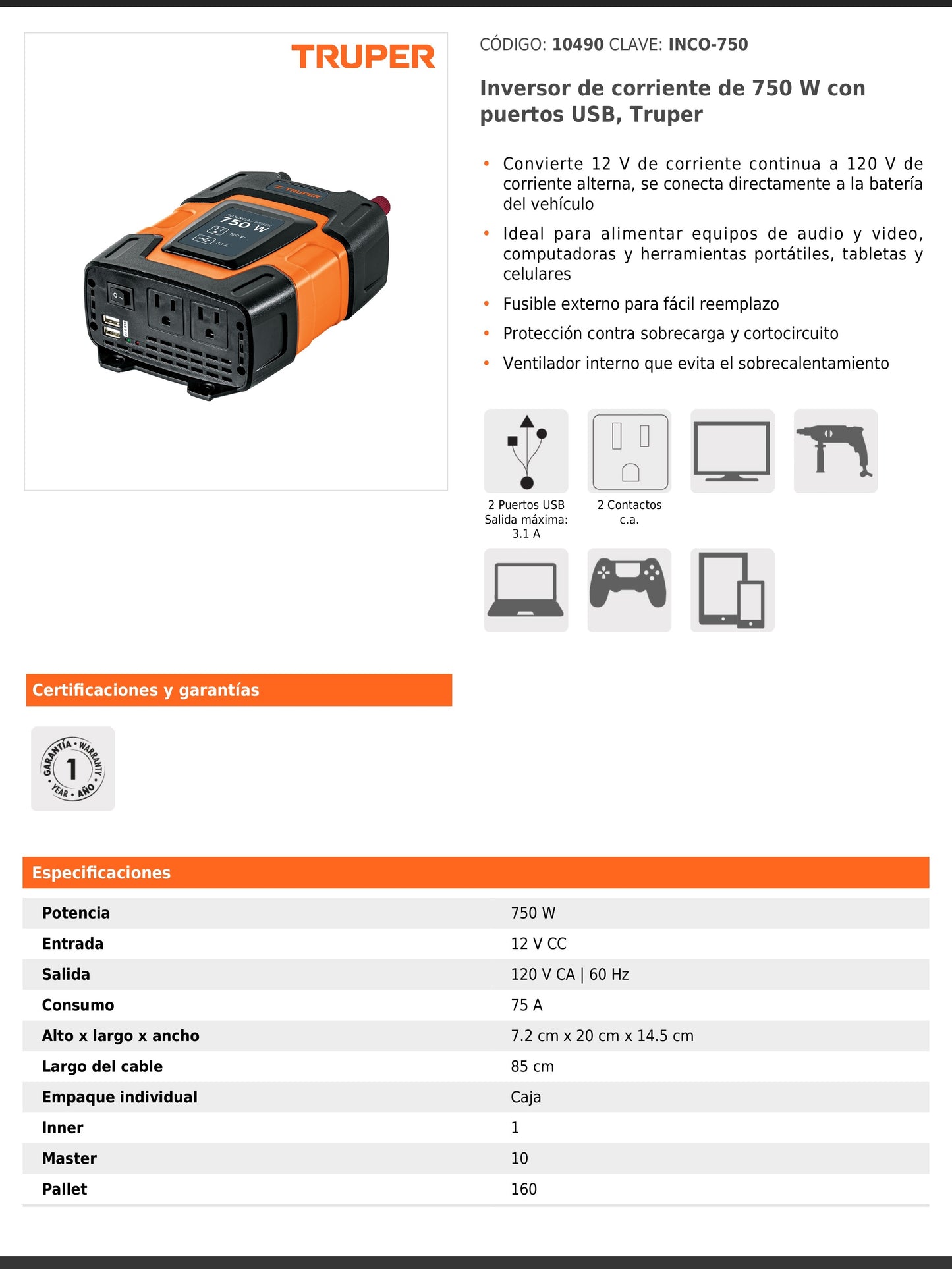 Inversor de corriente de 750 W con puertos USB