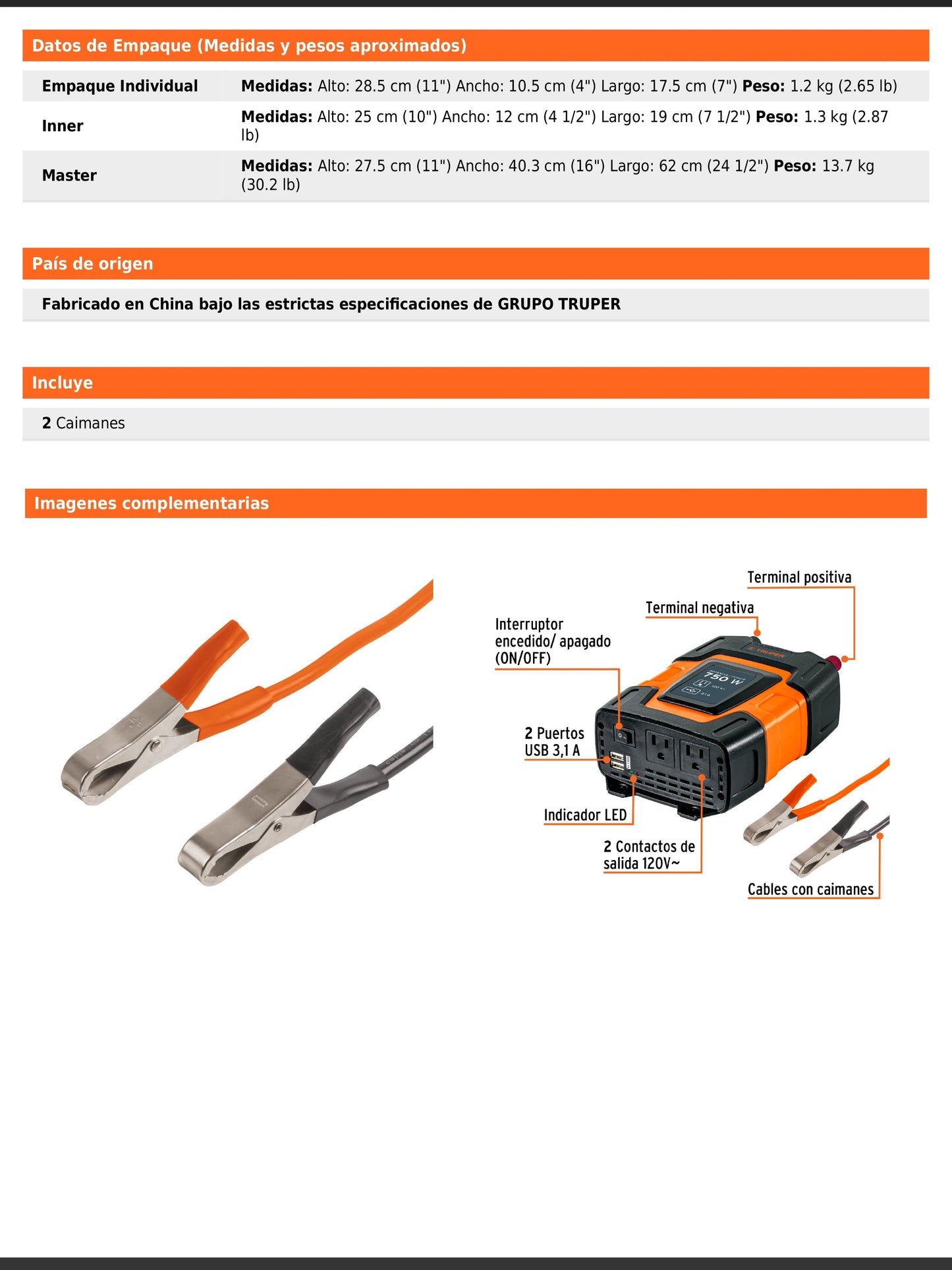 Inversor de corriente de 750 W con puertos USB