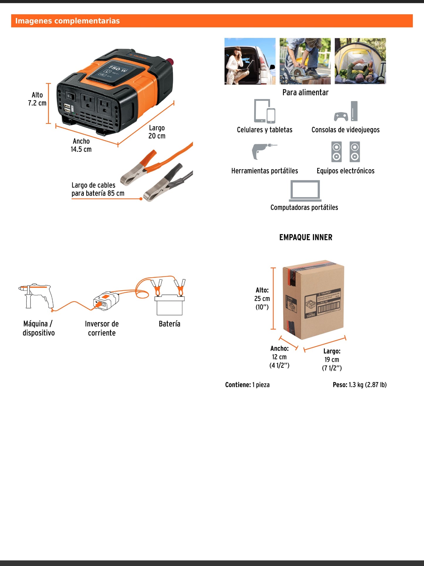 Inversor de corriente de 750 W con puertos USB