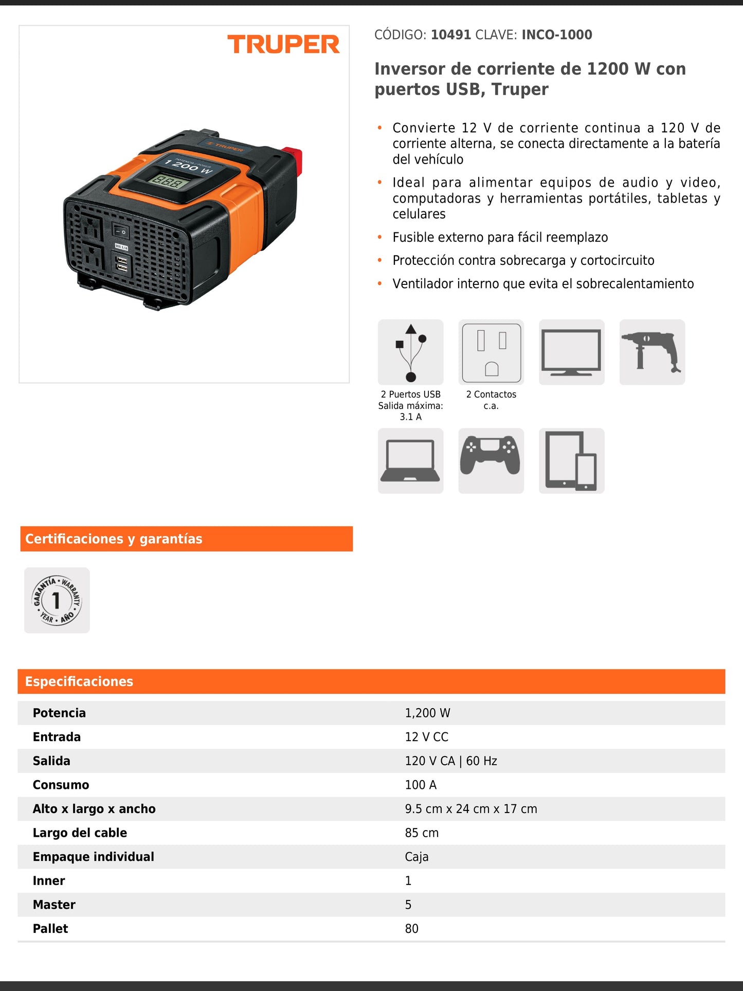 Inversor de corriente de 1200 W con puertos USB