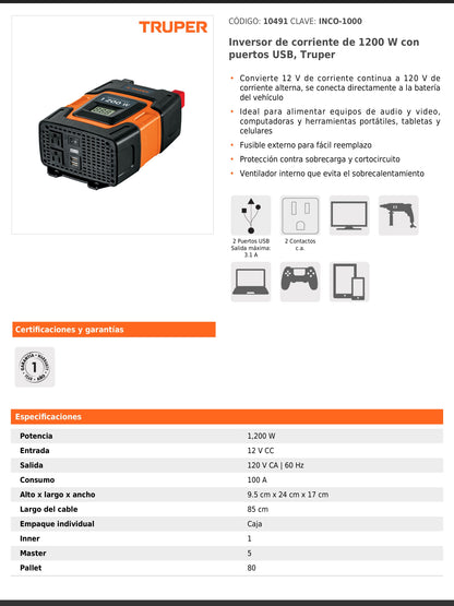 Inversor de corriente de 1200 W con puertos USB