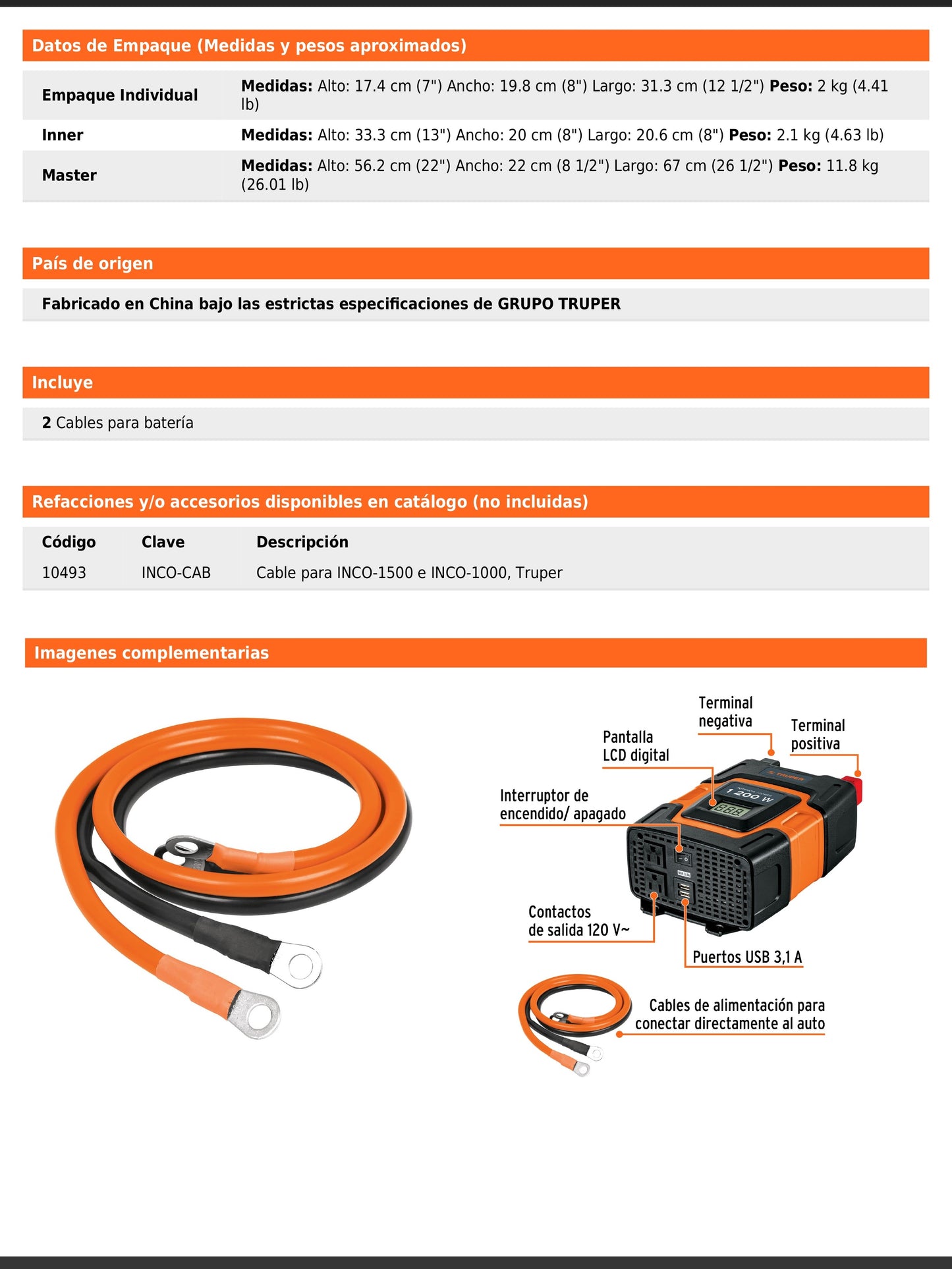 Inversor de corriente de 1200 W con puertos USB