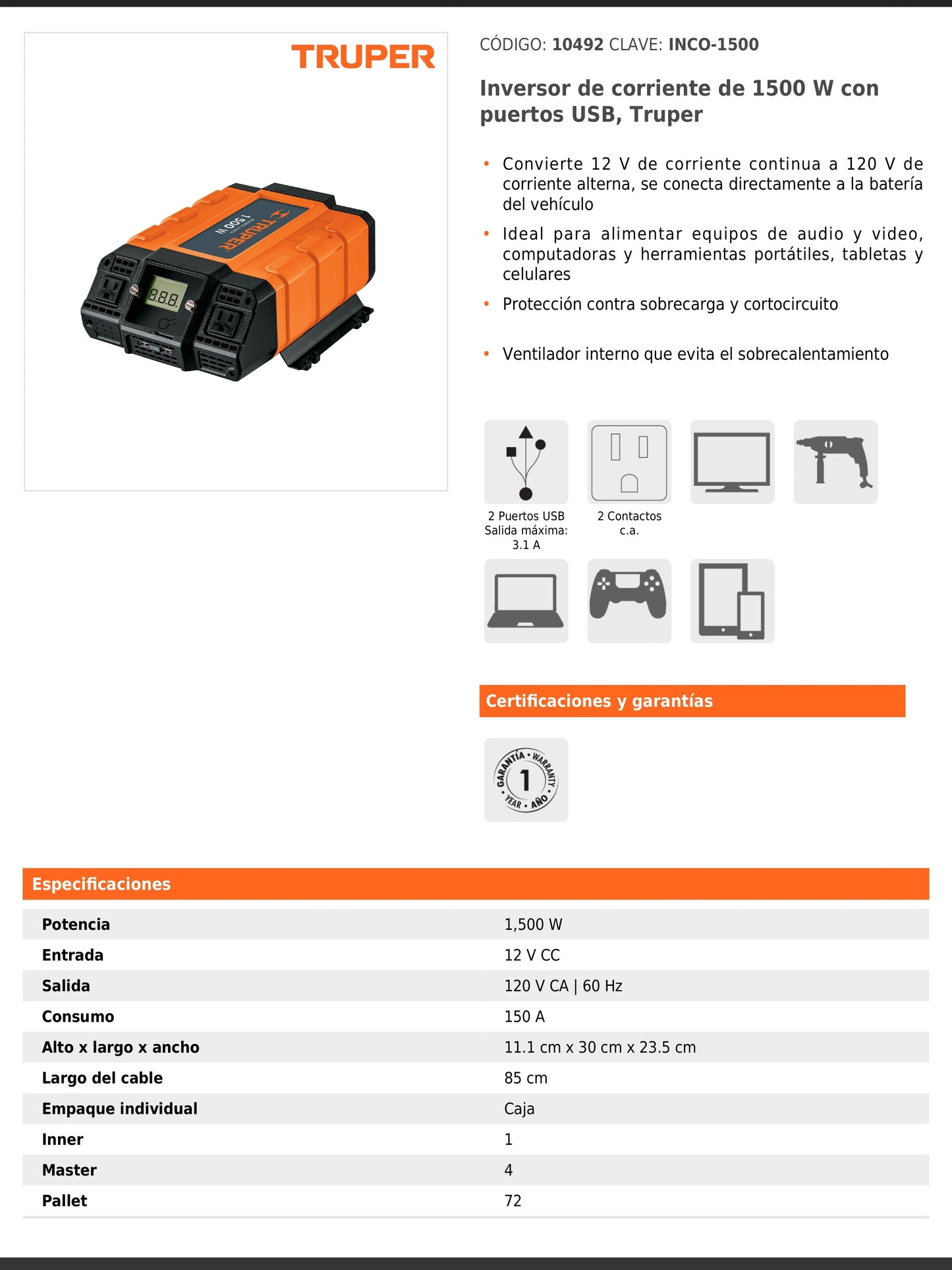 Inversor de corriente de 1500 W con puertos USB