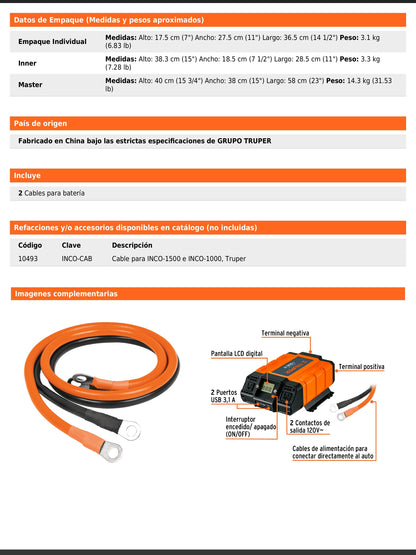 Inversor de corriente de 1500 W con puertos USB
