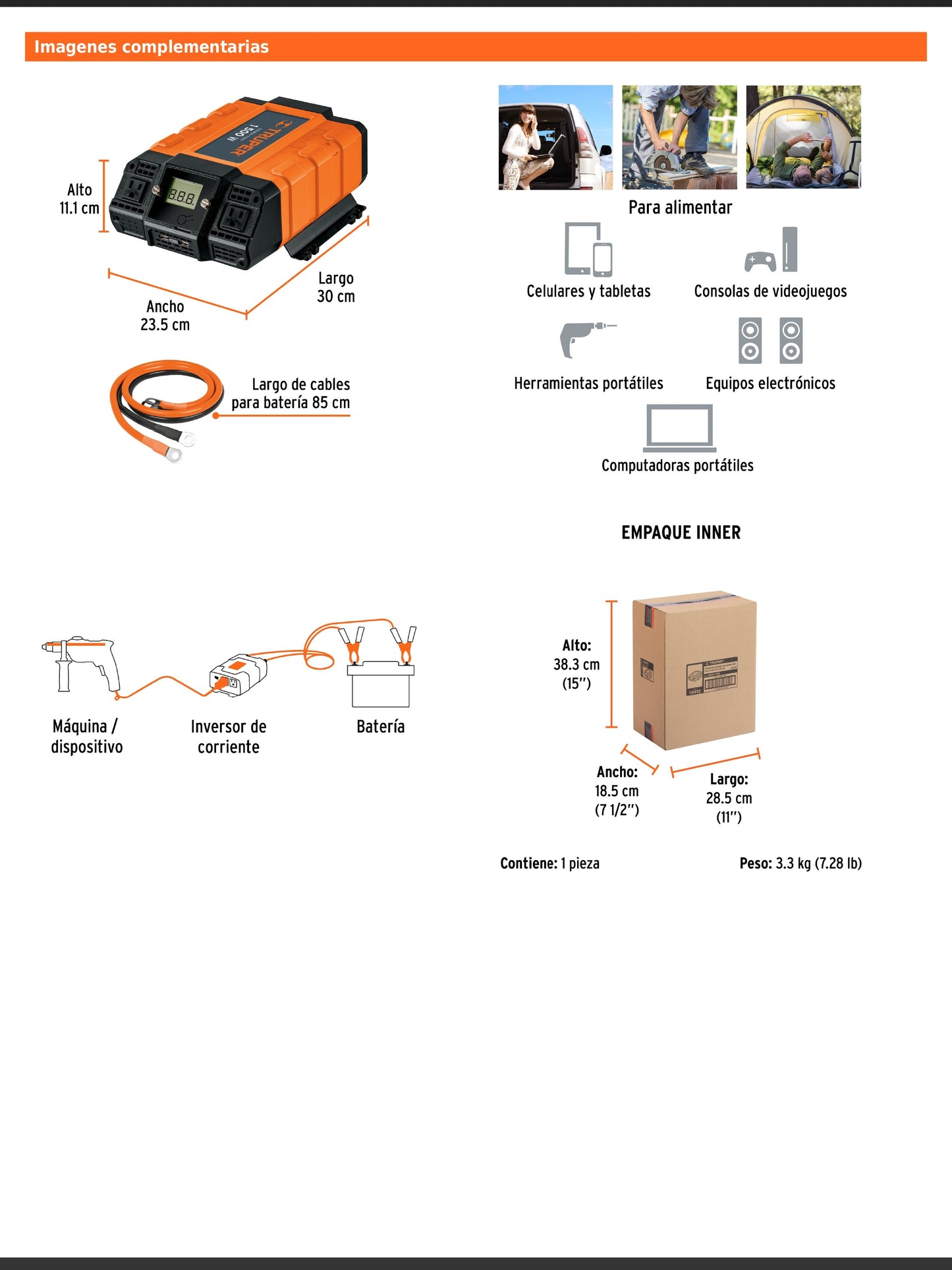 Inversor de corriente de 1500 W con puertos USB