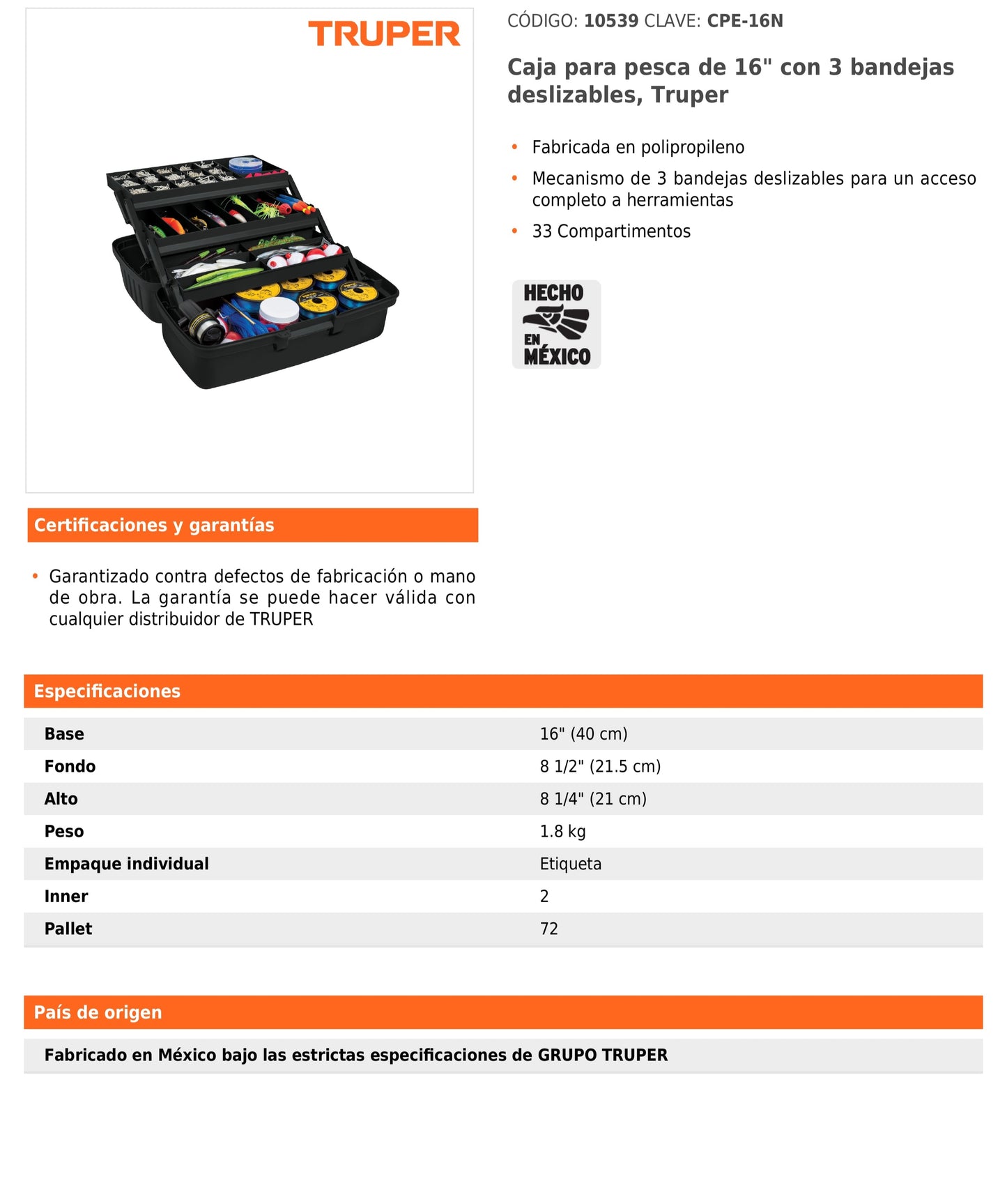 Caja para Pesca de 16" con 3 Bandejas Deslizables