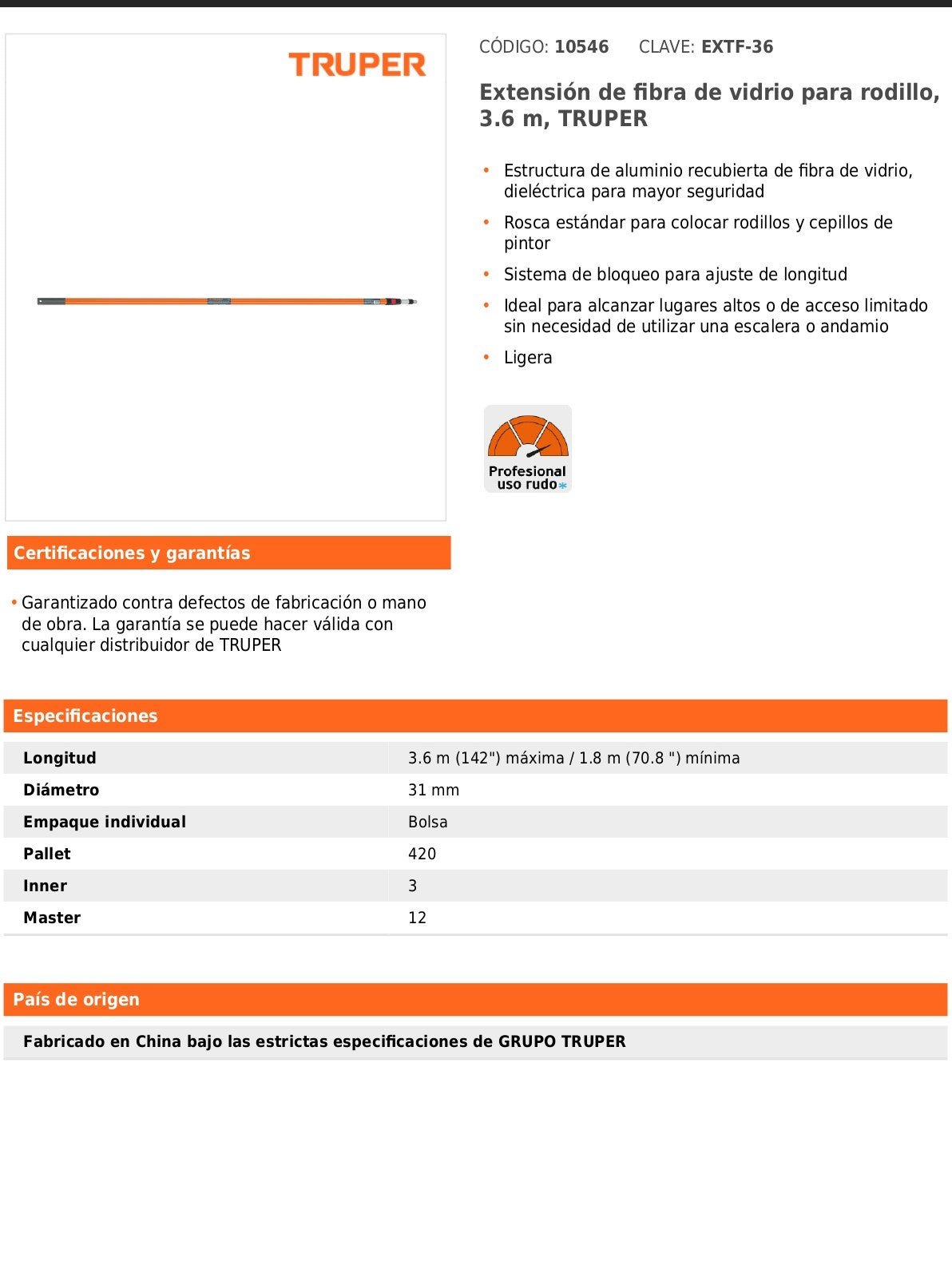 Extensión de fibra de vidrio para rodillo de 3.6 metros