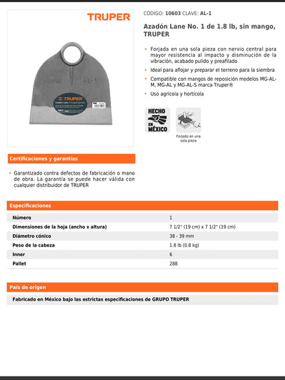 Azadón Lane No. 1 de 1.8 lb sin mango