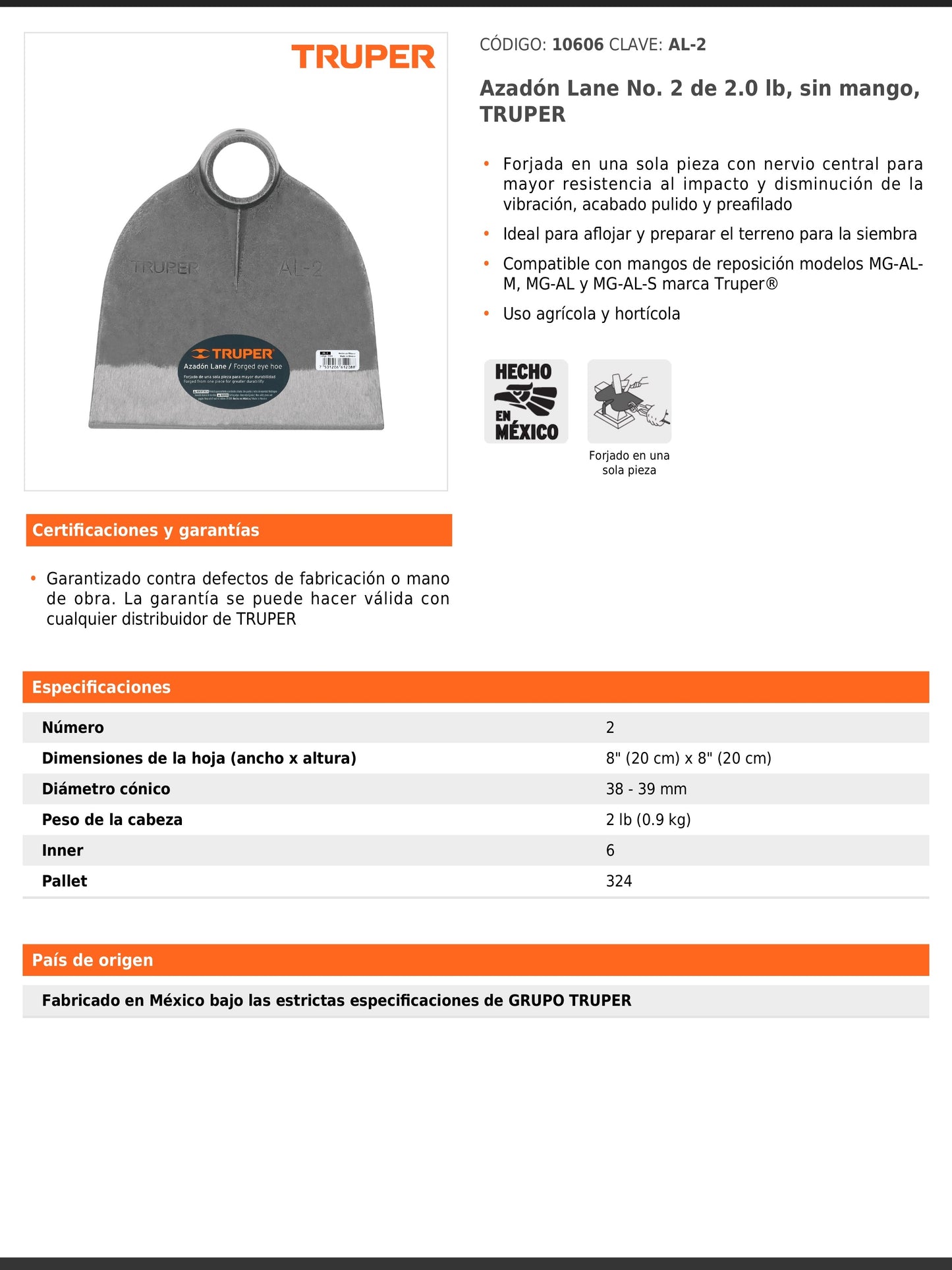 Azadón Lane No. 2 de 2.0 lb sin mango