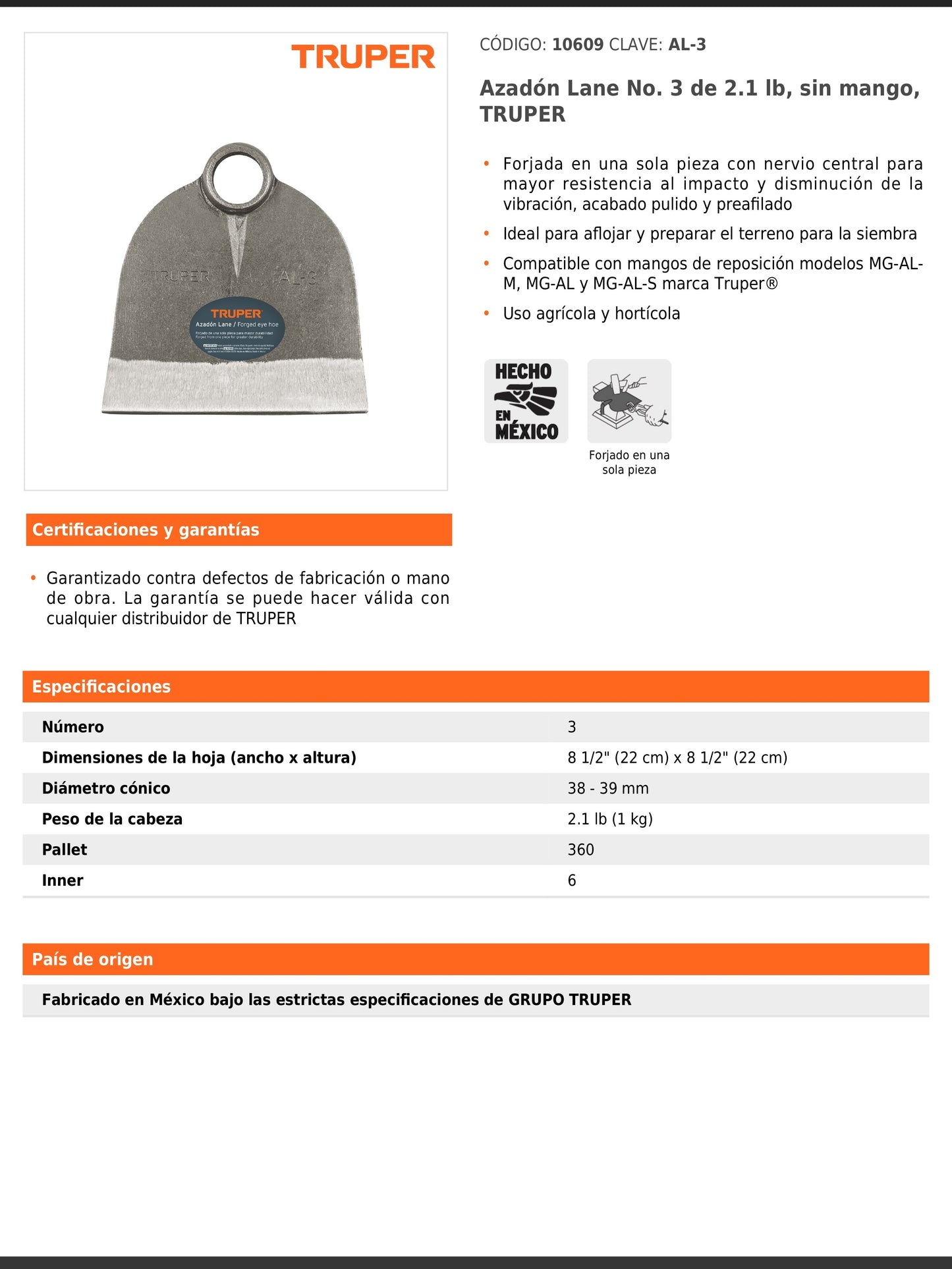 Azadón Lane No. 3 de 2.1 lb sin mango