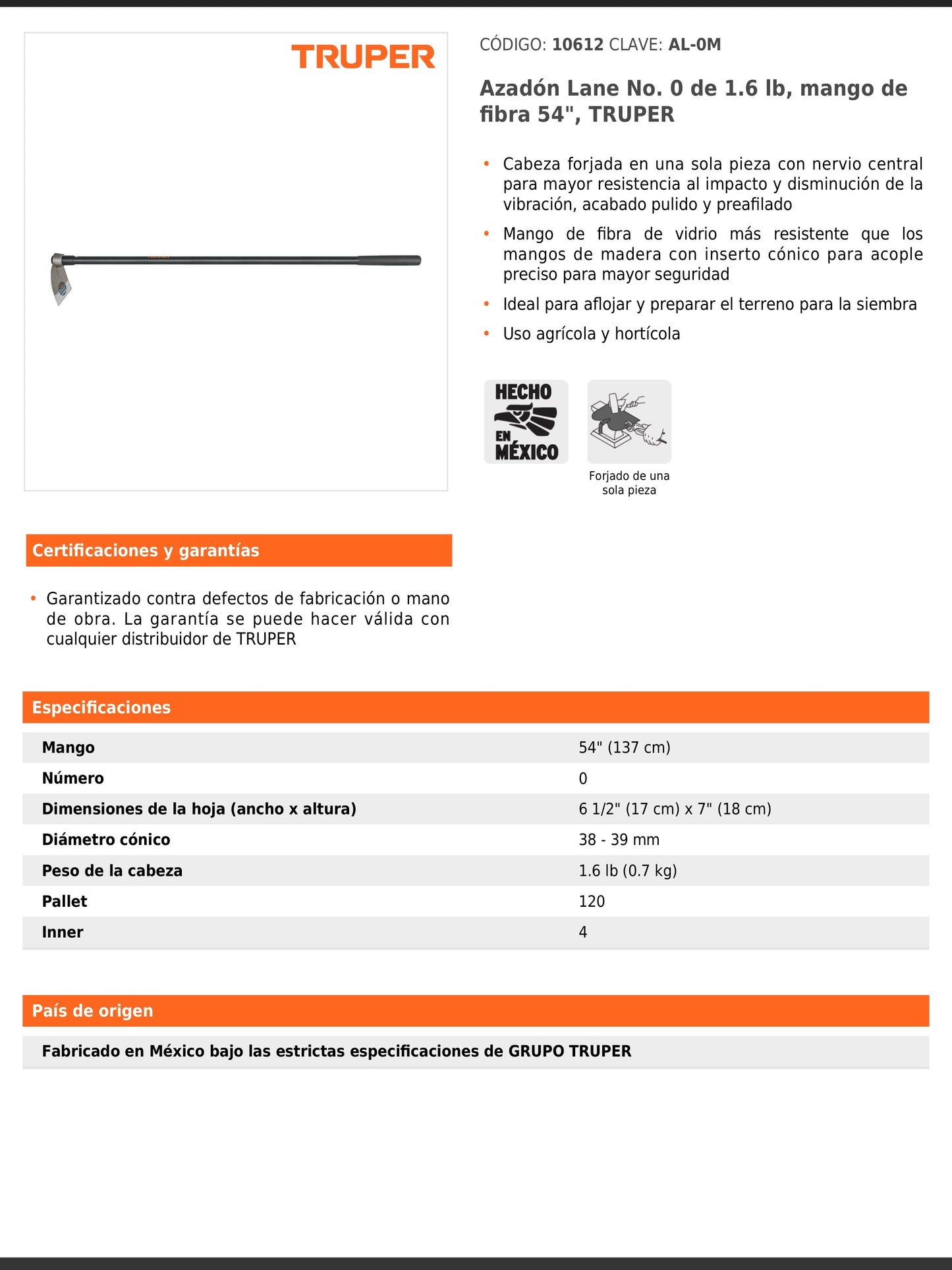 Azadón Lane No. 0 de 1.6 lb con mango de fibra de 137 cm