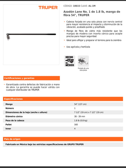 Azadón Lane No. 1 de 1.8 lb con mango de fibra de 137 cm